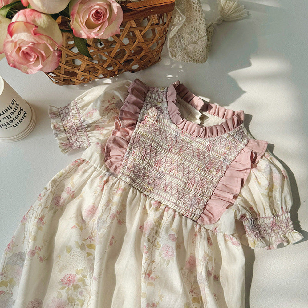 MyKids-USA® Baby Kids Girls Short Sleeves Ruffle Neck Pink Floral Dress