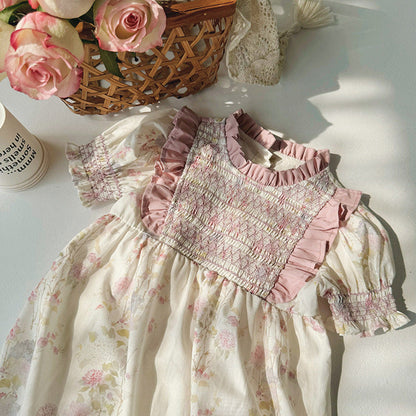 MyKids-USA® Baby Kids Girls Short Sleeves Ruffle Neck Pink Floral Dress