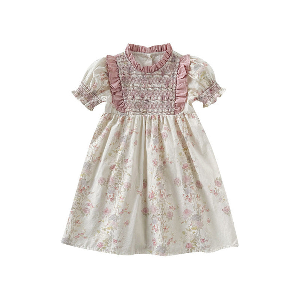 MyKids-USA® Baby Kids Girls Short Sleeves Ruffle Neck Pink Floral Dress