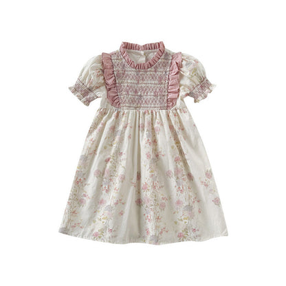 MyKids-USA® Baby Kids Girls Short Sleeves Ruffle Neck Pink Floral Dress