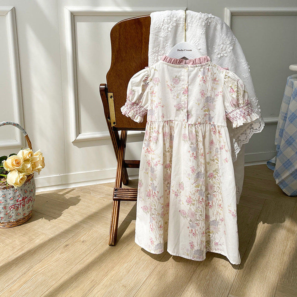 MyKids-USA® Baby Kids Girls Short Sleeves Ruffle Neck Pink Floral Dress