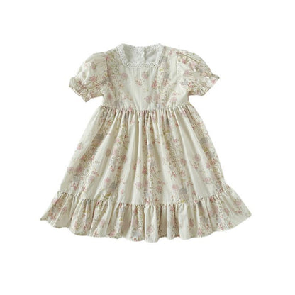 MyKids-USA® French Design Baby Kids Girls Short Sleeves Square Neck Floral Dress