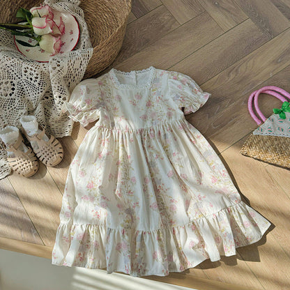 MyKids-USA® French Design Baby Kids Girls Short Sleeves Square Neck Floral Dress