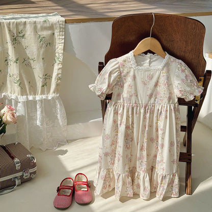 MyKids-USA® French Design Baby Kids Girls Short Sleeves Square Neck Floral Dress