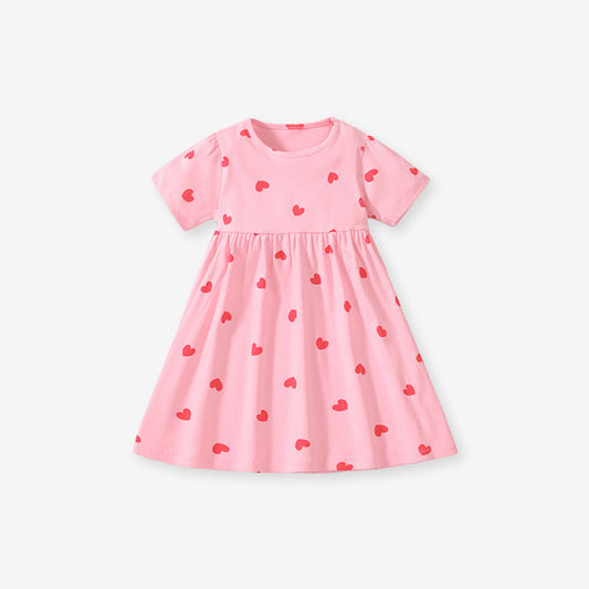 MyKids-USA® Summer Arrival Girls Short Sleeves Red Heart Print Dress