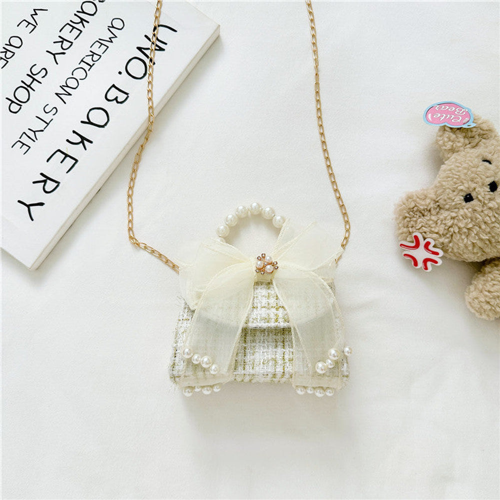 MyKids-USA® Fashionable Plaid Carry-On Girls’ Portable Mesh Bow Beaded Crossbody Handbag