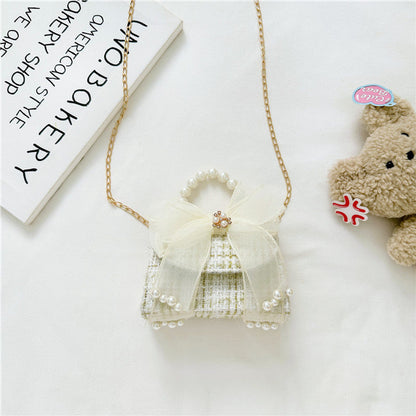 MyKids-USA® Fashionable Plaid Carry-On Girls’ Portable Mesh Bow Beaded Crossbody Handbag