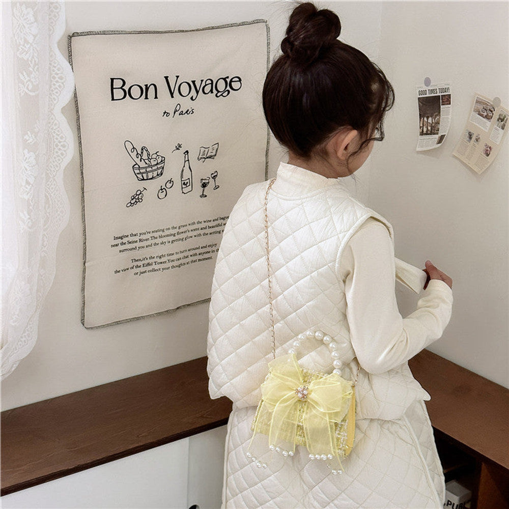 MyKids-USA® Fashionable Plaid Carry-On Girls’ Portable Mesh Bow Beaded Crossbody Handbag
