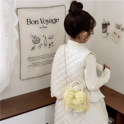 MyKids-USA® Fashionable Plaid Carry-On Girls’ Portable Mesh Bow Beaded Crossbody Handbag