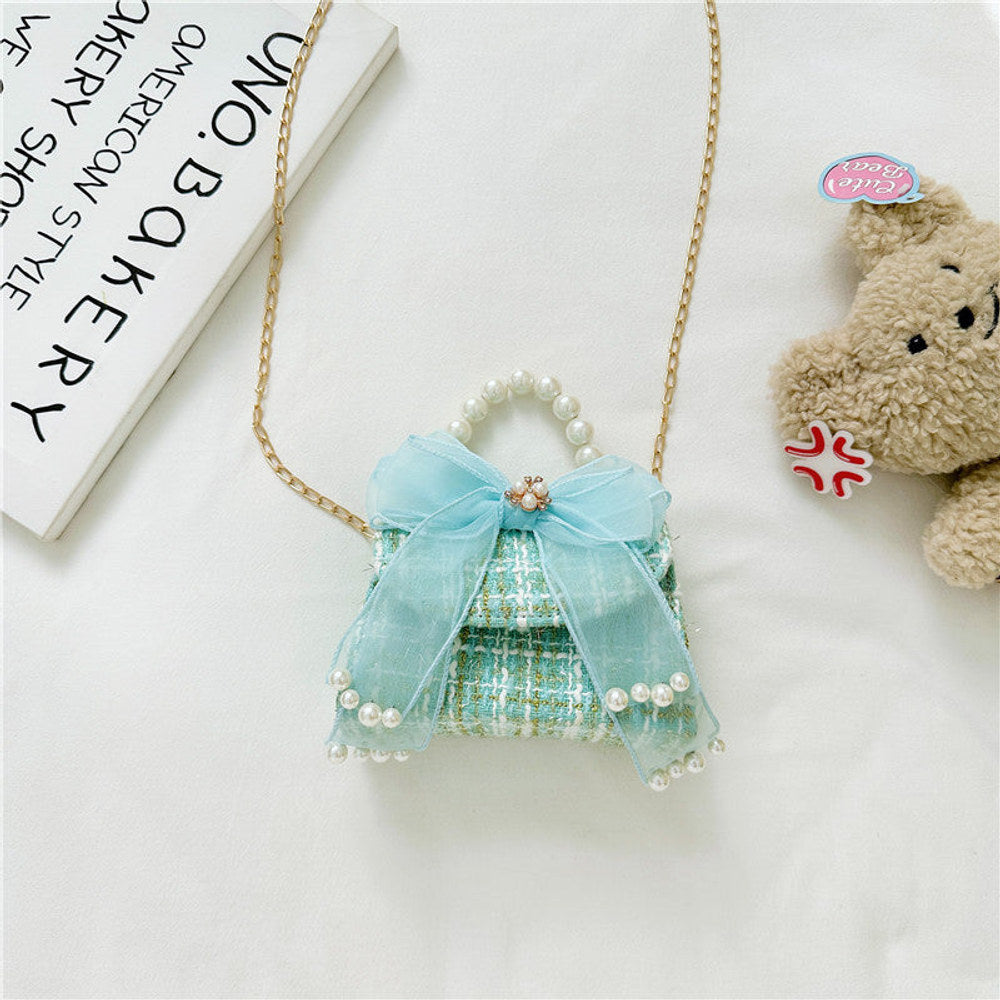 MyKids-USA® Fashionable Plaid Carry-On Girls’ Portable Mesh Bow Beaded Crossbody Handbag
