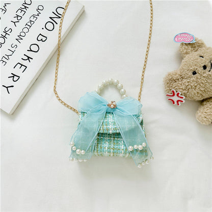 MyKids-USA® Fashionable Plaid Carry-On Girls’ Portable Mesh Bow Beaded Crossbody Handbag