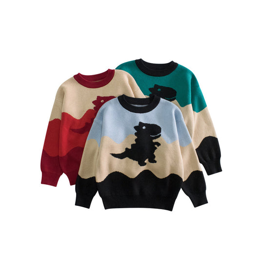 MyKids-USA® Baby Boy Kids Dinosaur Pattern Crew Neck Long Sleeves Color Patchwork Knitwear Pullover