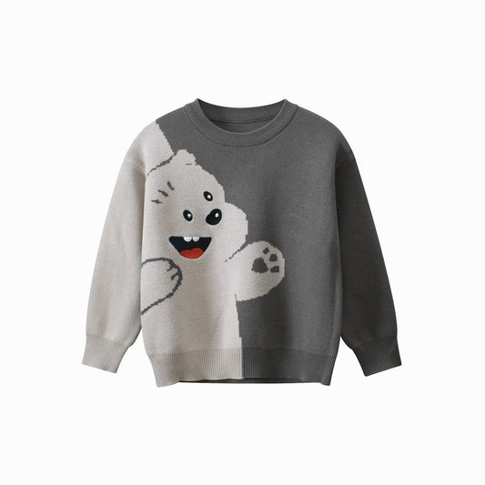 MyKids-USA® Baby Boy Kids Bear Pattern Crew Neck Long Sleeves Color Patchwork Knitwear Pullover