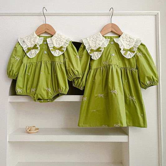 MyKids-USA® Mesh Patched Design Long Sleeve Green Dress