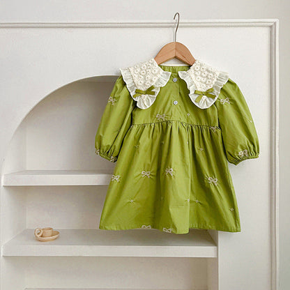 MyKids-USA® Mesh Patched Design Long Sleeve Green Dress