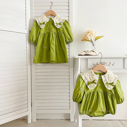 MyKids-USA® Mesh Patched Design Long Sleeve Green Dress