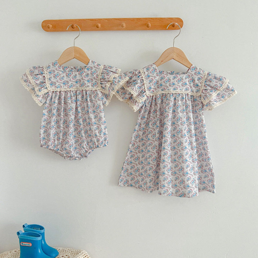 MyKids-USA® Arrival Girls Short Sleeves Square Neck Floral Pattern Dress And bodysuit – Princess Sister Matching Set
