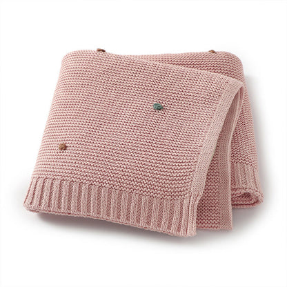 Knitted Solid Color Baby Blanket With Hand-Embroidered Pom Poms
