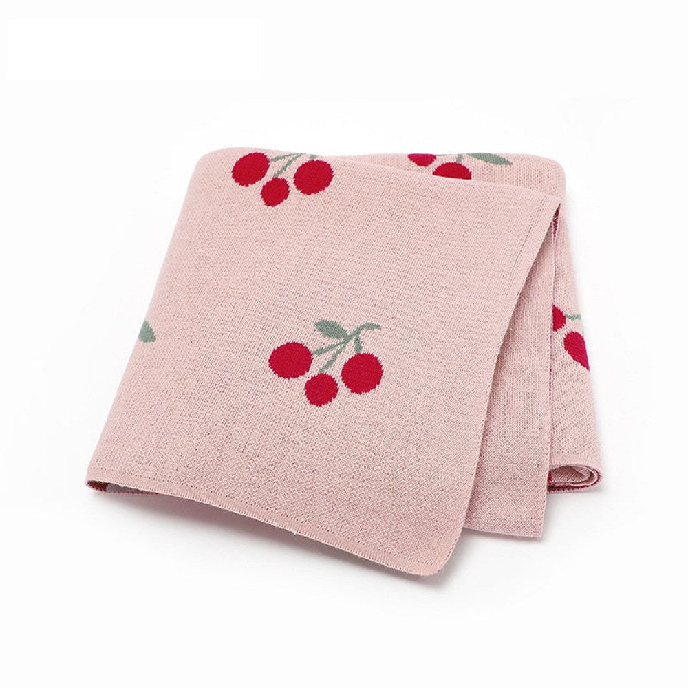 Knitted Cute And Sweet Cherry Soft Baby Blanket, Perfect For Newborns