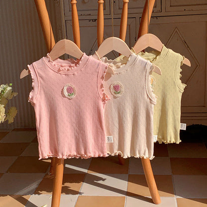 MyKids-USA® Design Girls Ruffle Neck Floral Embroidered Sleeveless Top