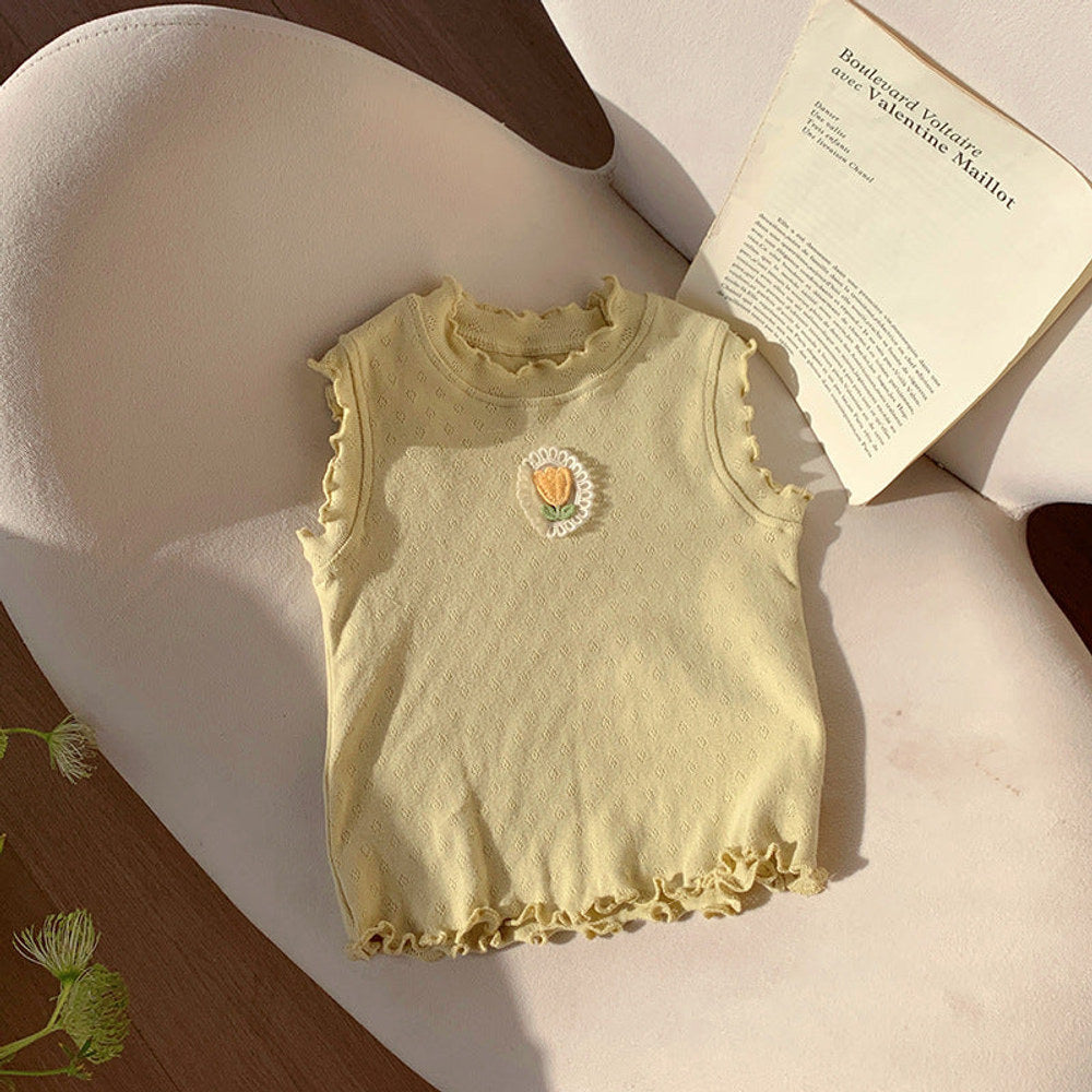 MyKids-USA® Design Girls Ruffle Neck Floral Embroidered Sleeveless Top