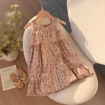 MyKids-USA® Kids Girls French Style Vintage Sleeveless Single Breasted Dress