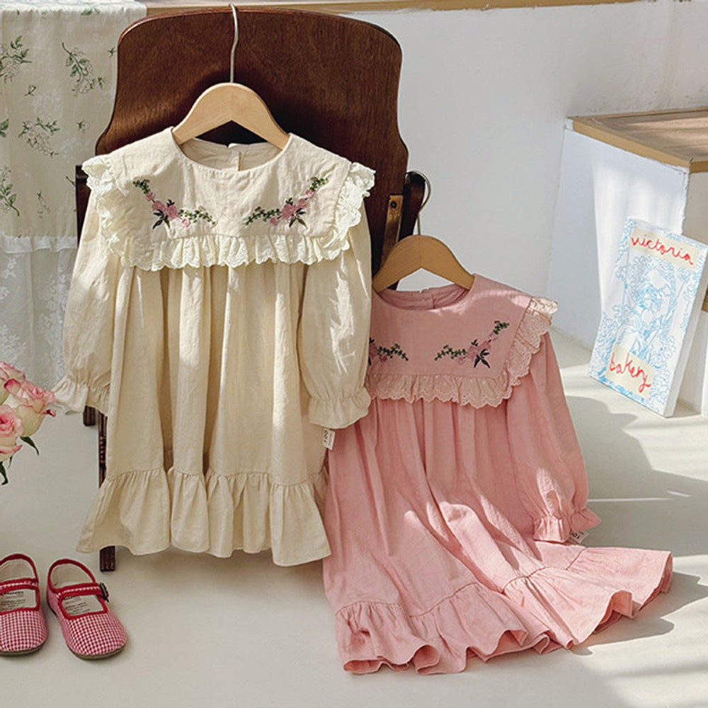 MyKids-USA® Kids Girls Vintage Flowers Embroidered Long Sleeves Dress