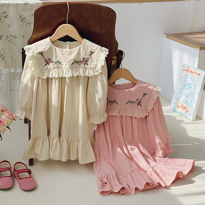 MyKids-USA® Kids Girls Vintage Flowers Embroidered Long Sleeves Dress