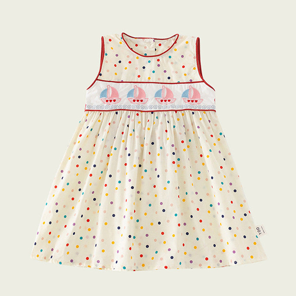 MyKids-USA® Design Kids Girls Cute Colorful Dots Sailing Boats Embroidered Sleeveless Dress