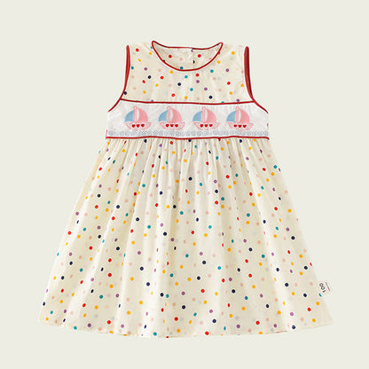 MyKids-USA® Design Kids Girls Cute Colorful Dots Sailing Boats Embroidered Sleeveless Dress