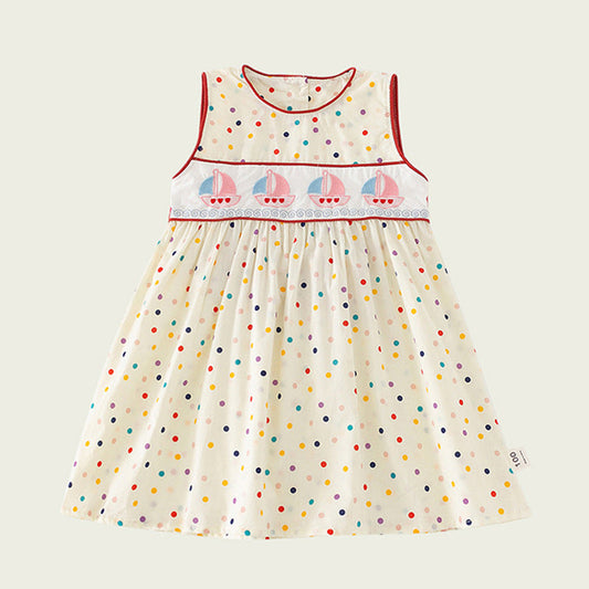 MyKids-USA® Design Summer Kids Girls Cute Colorful Dots Sailing Boats Embroidered Sleeveless Dress