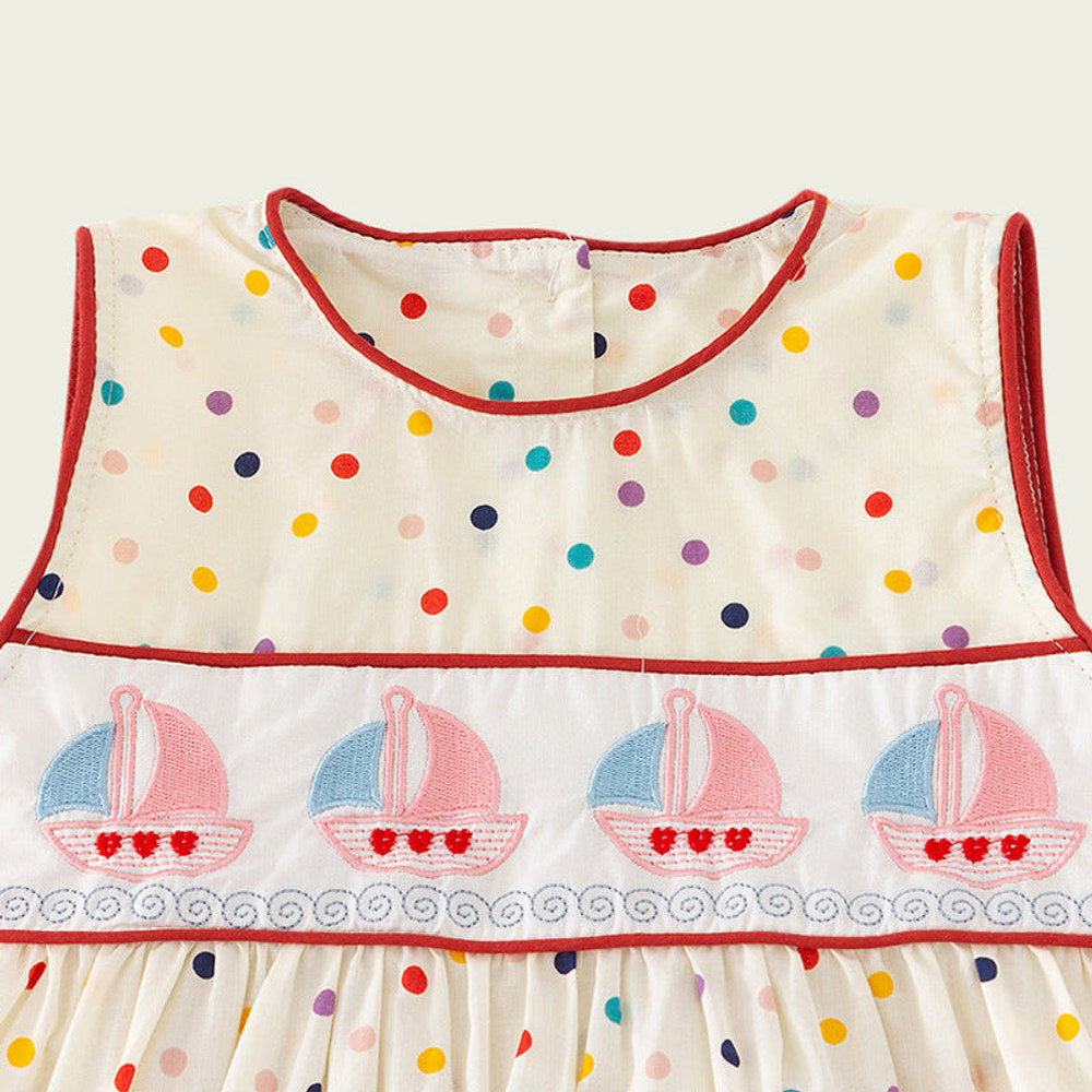 MyKids-USA® Design Kids Girls Cute Colorful Dots Sailing Boats Embroidered Sleeveless Dress