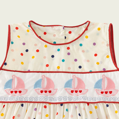 MyKids-USA® Design Kids Girls Cute Colorful Dots Sailing Boats Embroidered Sleeveless Dress