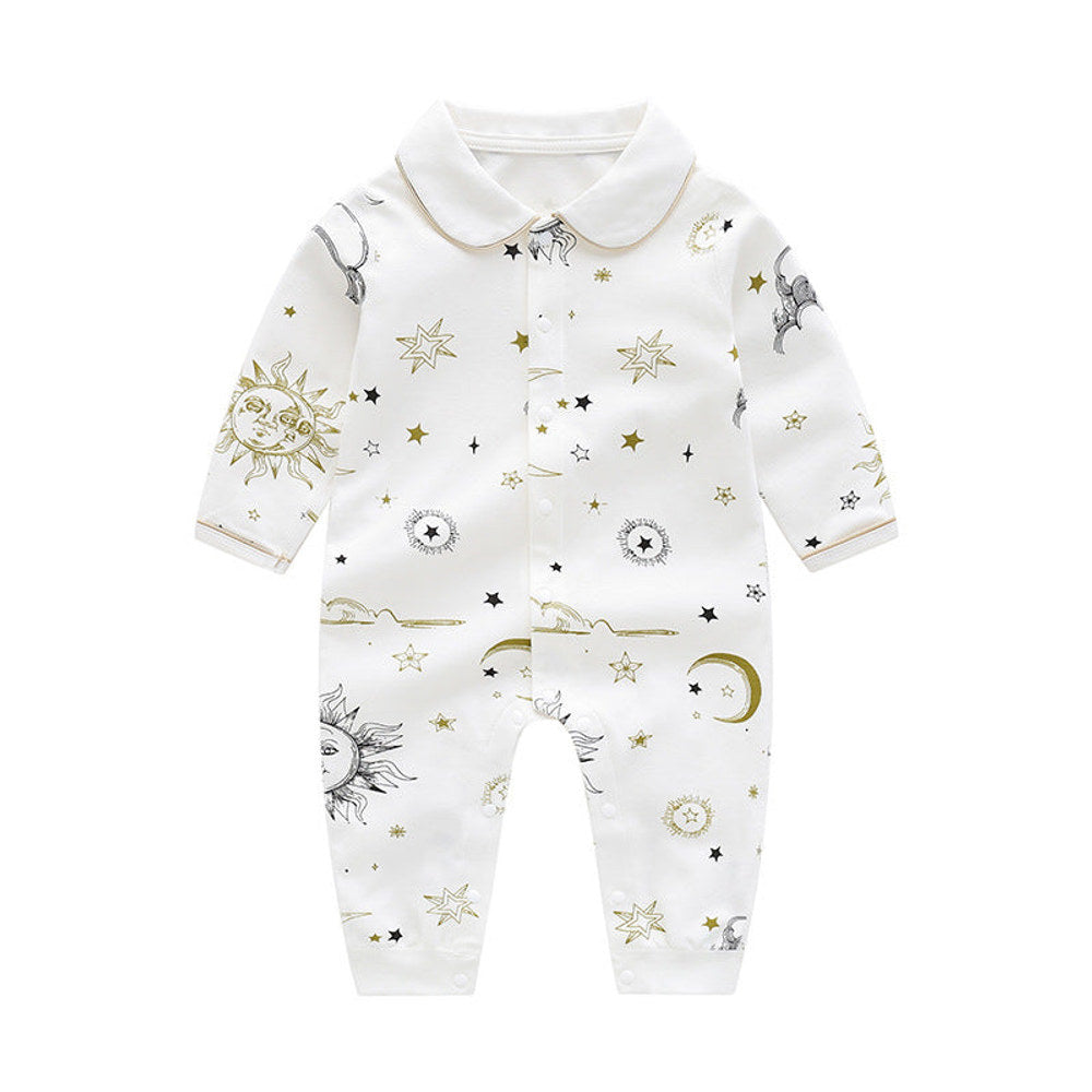 MyKids-USA® Baby Suns Moons Stars Print Single Breasted Full Button Front Design Organic Cotton Jumpsuit