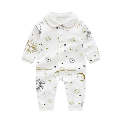 MyKids-USA® Baby Suns Moons Stars Print Single Breasted Full Button Front Design Organic Cotton Jumpsuit