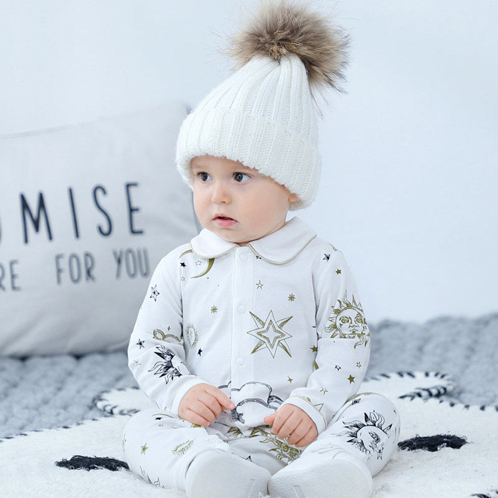 MyKids-USA® Baby Suns Moons Stars Print Single Breasted Full Button Front Design Organic Cotton Jumpsuit