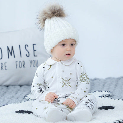 MyKids-USA® Baby Suns Moons Stars Print Single Breasted Full Button Front Design Organic Cotton Jumpsuit