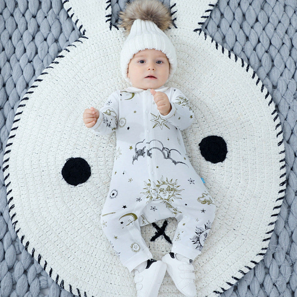 MyKids-USA® Baby Suns Moons Stars Print Single Breasted Full Button Front Design Organic Cotton Jumpsuit