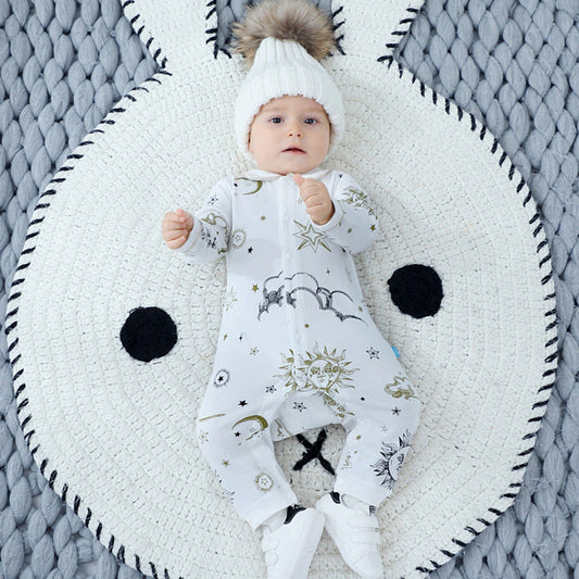 MyKids-USA® Baby Suns Moons Stars Print Single Breasted Full Button Front Design Organic Cotton Jumpsuit
