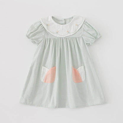 MyKids-USA® Kids Girls Casual Style Floral Embroidered Collar Short Sleeves Dress