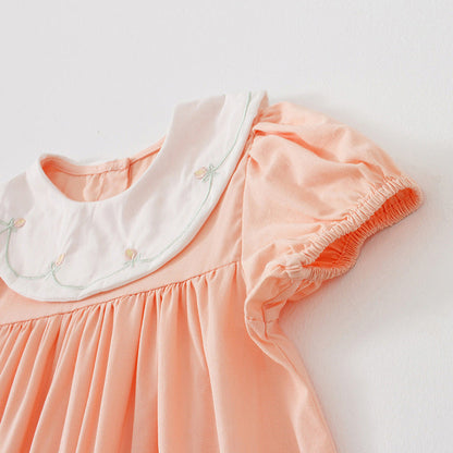 MyKids-USA® Kids Girls Casual Style Floral Embroidered Collar Short Sleeves Dress