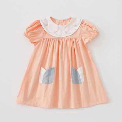 MyKids-USA® Kids Girls Casual Style Floral Embroidered Collar Short Sleeves Dress