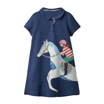 MyKids-USA® Short Sleeves Horse Racing Cartoon Collar Dress