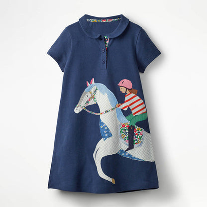 MyKids-USA® Short Sleeves Horse Racing Cartoon Collar Dress