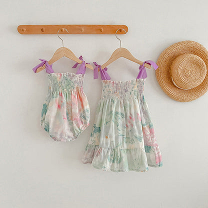 MyKids-USA® Baby Girls Sleeveless Off Shoulder Floral Pattern Strap Dress And bodysuit – Princess Sister Matching Set