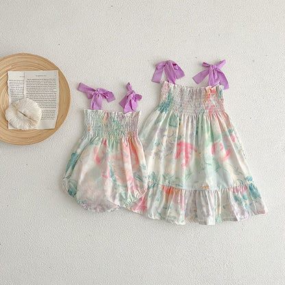 MyKids-USA® Baby Girls Sleeveless Off Shoulder Floral Pattern Strap Dress And bodysuit – Princess Sister Matching Set