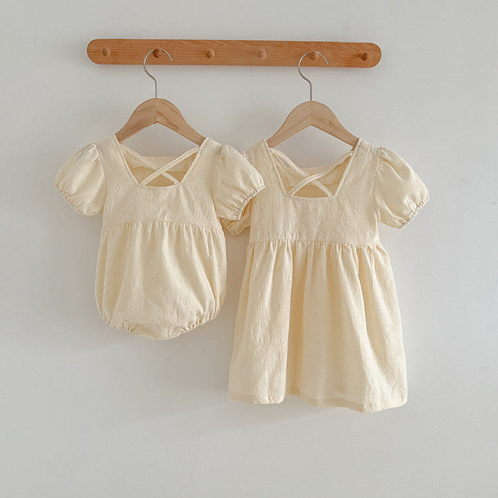 MyKids-USA® Girls Solid Color Simple Square Neck bodysuit And Girls’ Dress – Princess Sister Matching Set