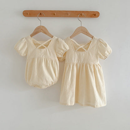 MyKids-USA® Girls Solid Color Simple Square Neck bodysuit And Girls’ Dress – Princess Sister Matching Set