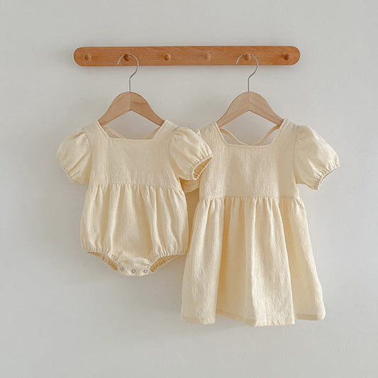 MyKids-USA® Girls Solid Color Simple Square Neck bodysuit And Girls’ Dress – Princess Sister Matching Set