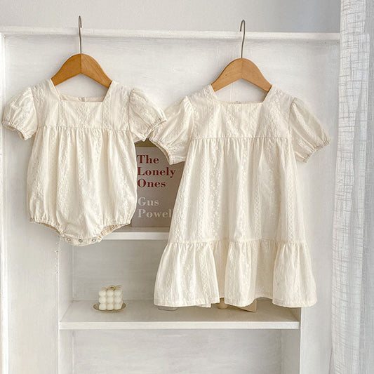 MyKids-USA® Girls Solid Color Simple Embroidery Square Neck bodysuit And Dress – Princess Sister Matching Set